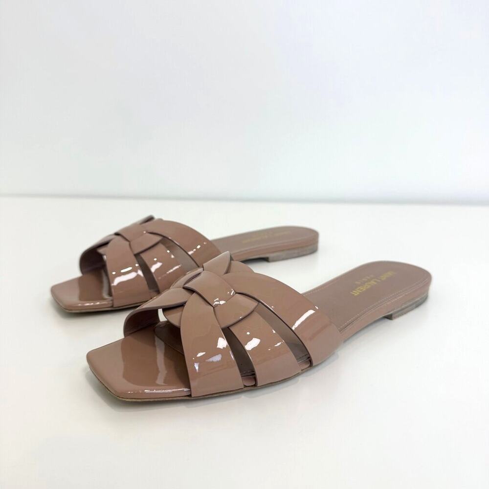 SAINT LAURENT Nude Patent Leather Tribute Slide Sandals 37.5 Paris Flat Shoes